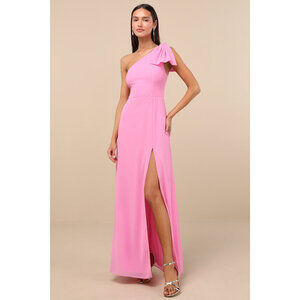 Lulus Simply Brilliant Pink One-shoulder Bow Maxi Dress - Size XS